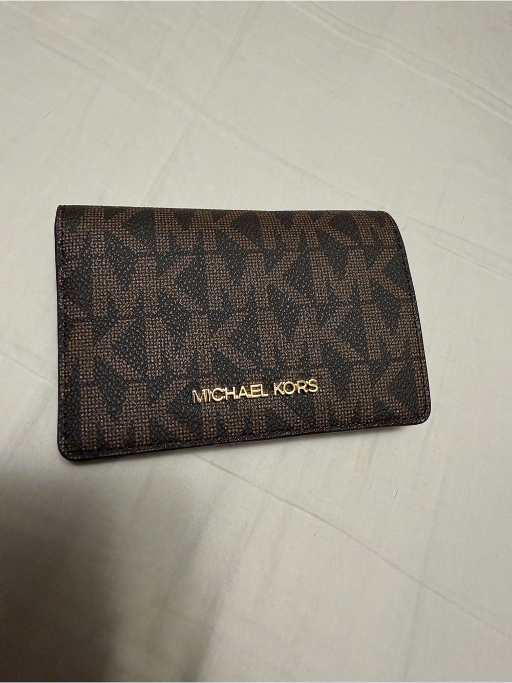 Michael Kors Women’s Dark Brown MK Logo Card Holder with Gold Logo